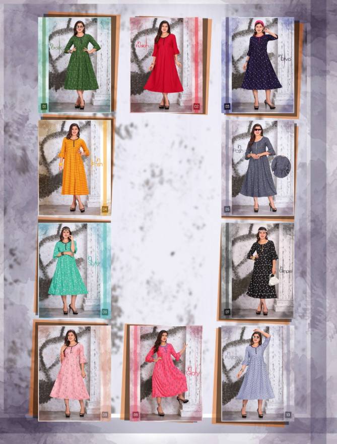 Diva Latest Fancy Regular Casual Wear Rayon Wear Printed Anarkali Rayon Kurtis Collection
